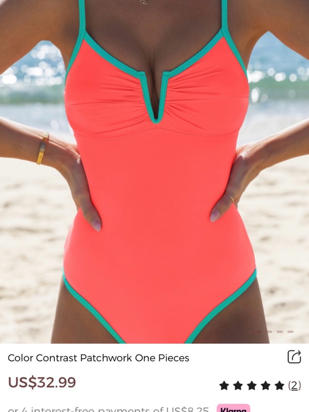 NWT Color-Contrast One-Piece Swimsuit - Coral with Teal Trim